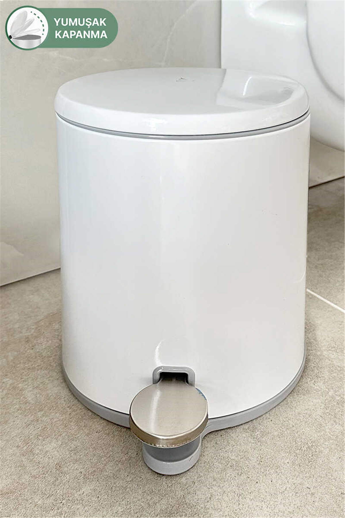 Cigo 6 LT Yumuşak Kapanan Pedallı Banyo Mutfak Ofis Çelik Çöp Kovası - Beyaz & İç Kısım Gri