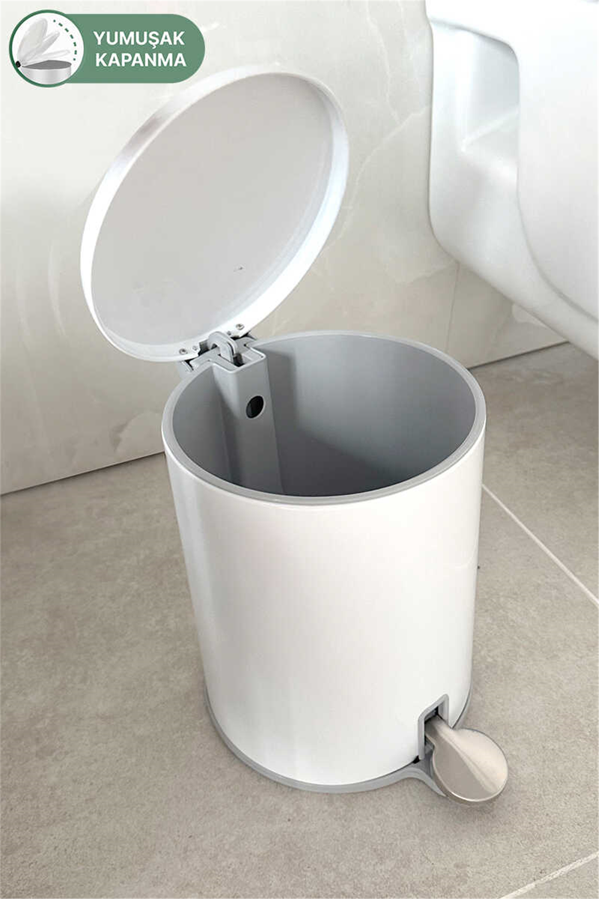 Cigo 6 LT Yumuşak Kapanan Pedallı Banyo Mutfak Ofis Çelik Çöp Kovası - Beyaz & İç Kısım Gri