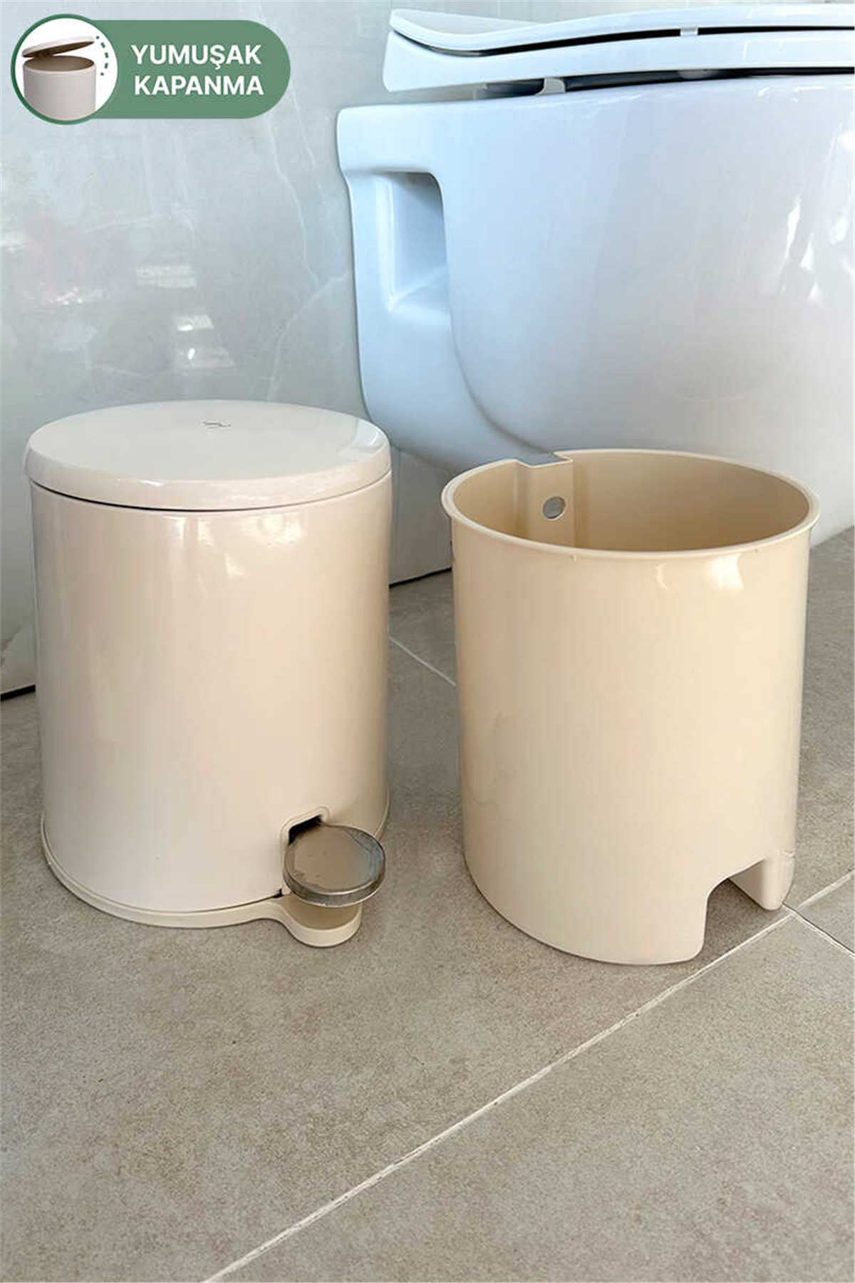 Cigo 6 LT Yumuşak Kapanan Pedallı Banyo Mutfak Ofis Çelik Çöp Kovası - Bej & İç Kısım Bej