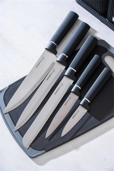 Vanni Cooper 12 Parça Standlı Kesme Tahtası Servis Ve Bıçak Seti Siyah