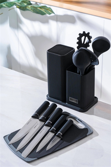 Vanni Cooper 12 Parça Standlı Kesme Tahtası Servis Ve Bıçak Seti Siyah