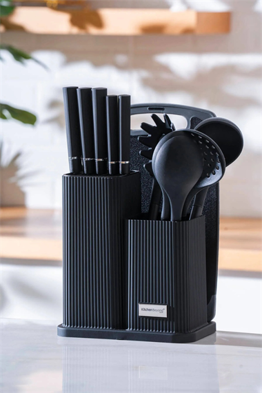 Vanni Cooper 12 Parça Standlı Kesme Tahtası Servis Ve Bıçak Seti Siyah