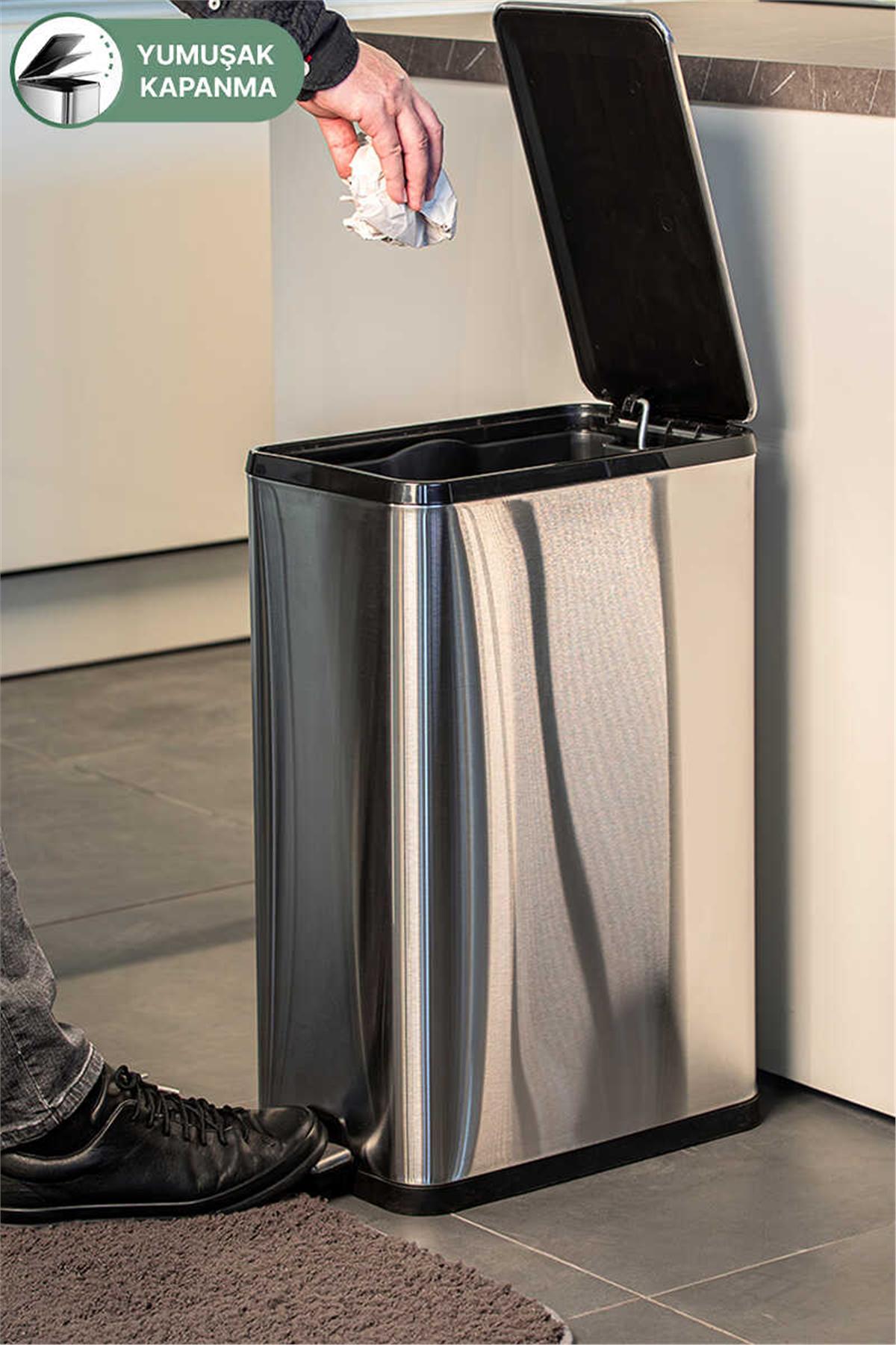 Dikdörtgen Çelik Çöp Kovası 40 Litre - Inox