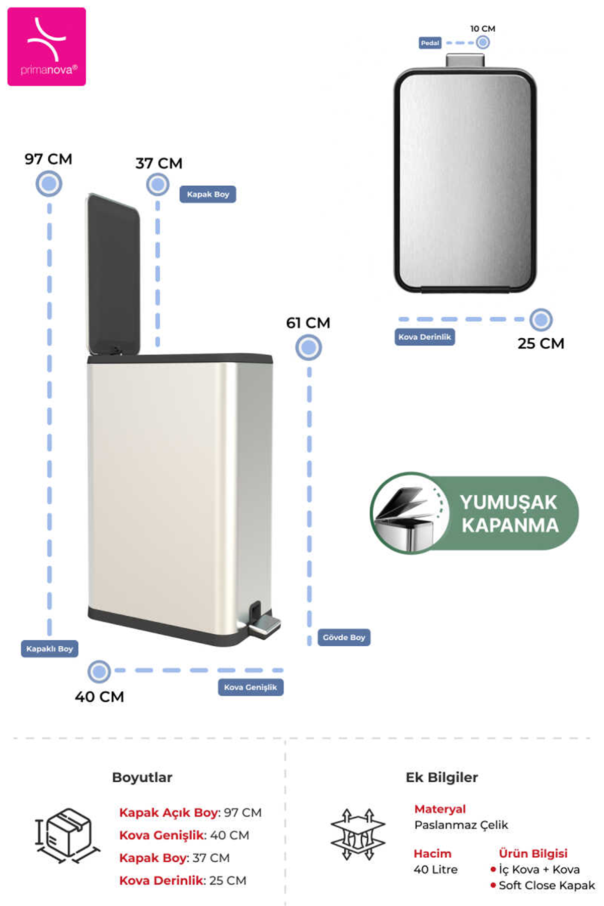 Dikdörtgen Çelik Çöp Kovası 40 Litre - Inox