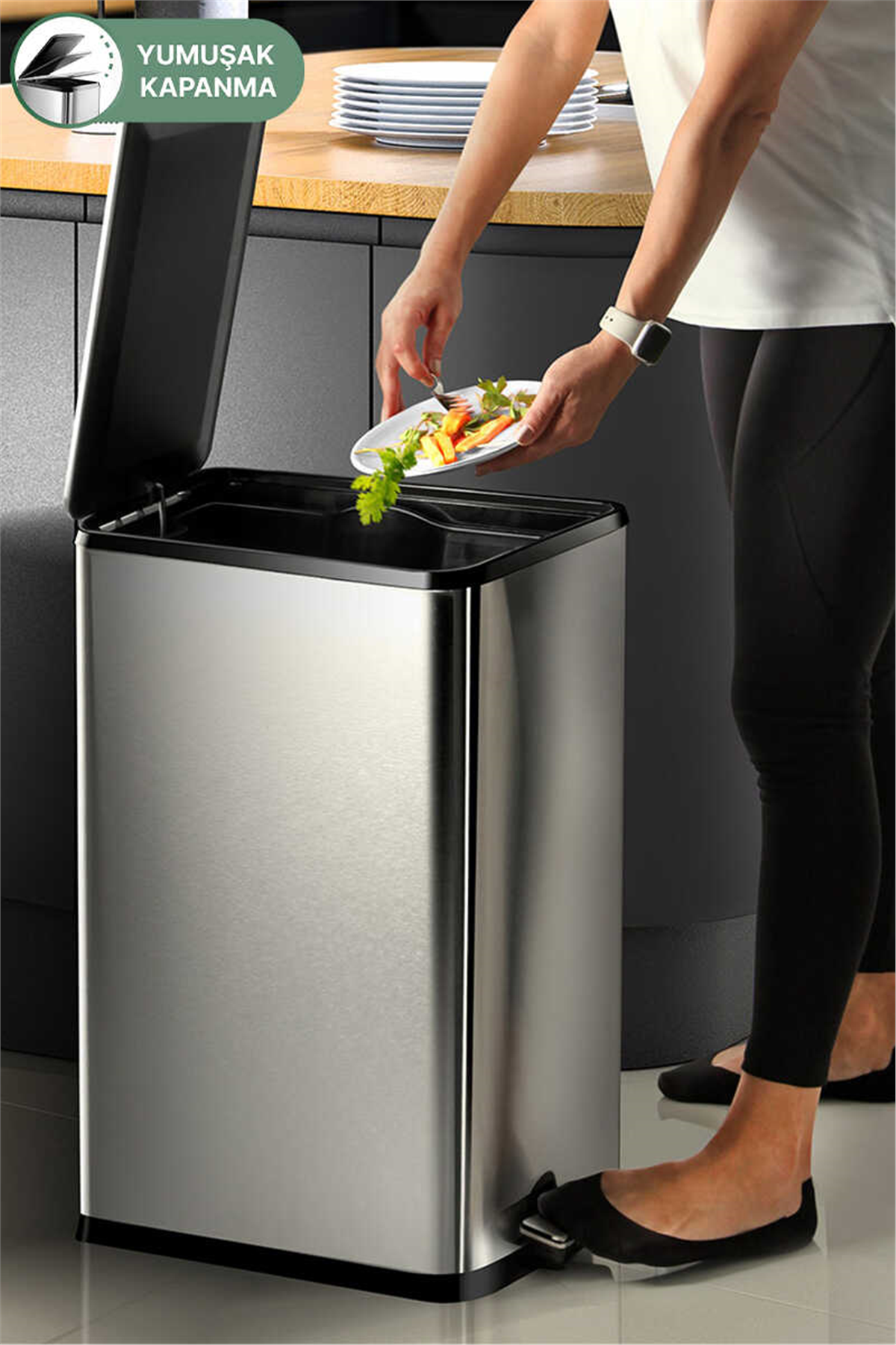 Dikdörtgen Çelik Çöp Kovası 40 Litre - Inox