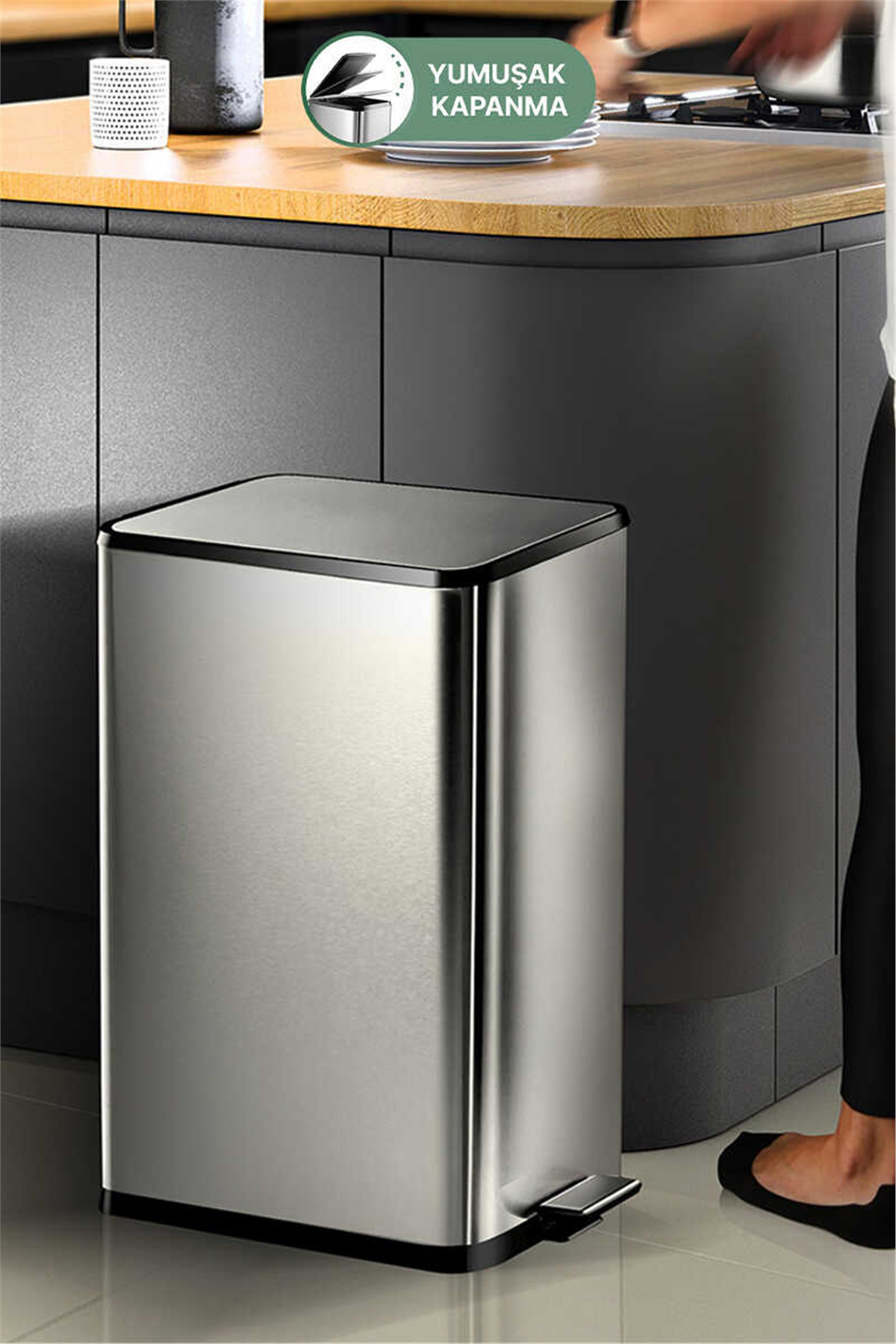 Dikdörtgen Çelik Çöp Kovası 40 Litre - Inox