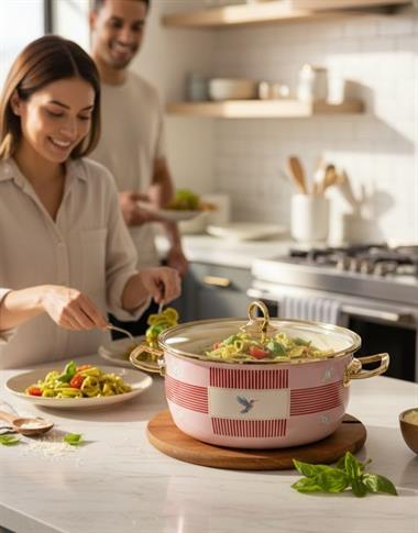 Emaye Pink Bird Kızartma Tenceresi Gold