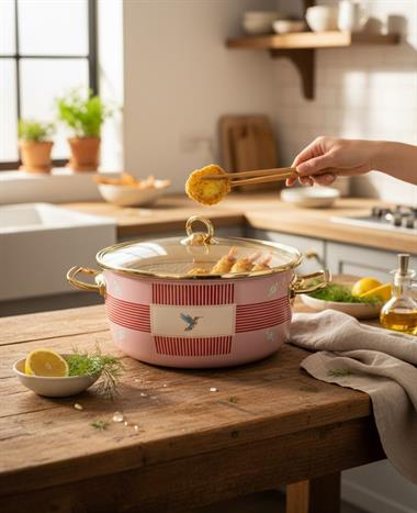 Emaye Pink Bird Kızartma Tenceresi Gold