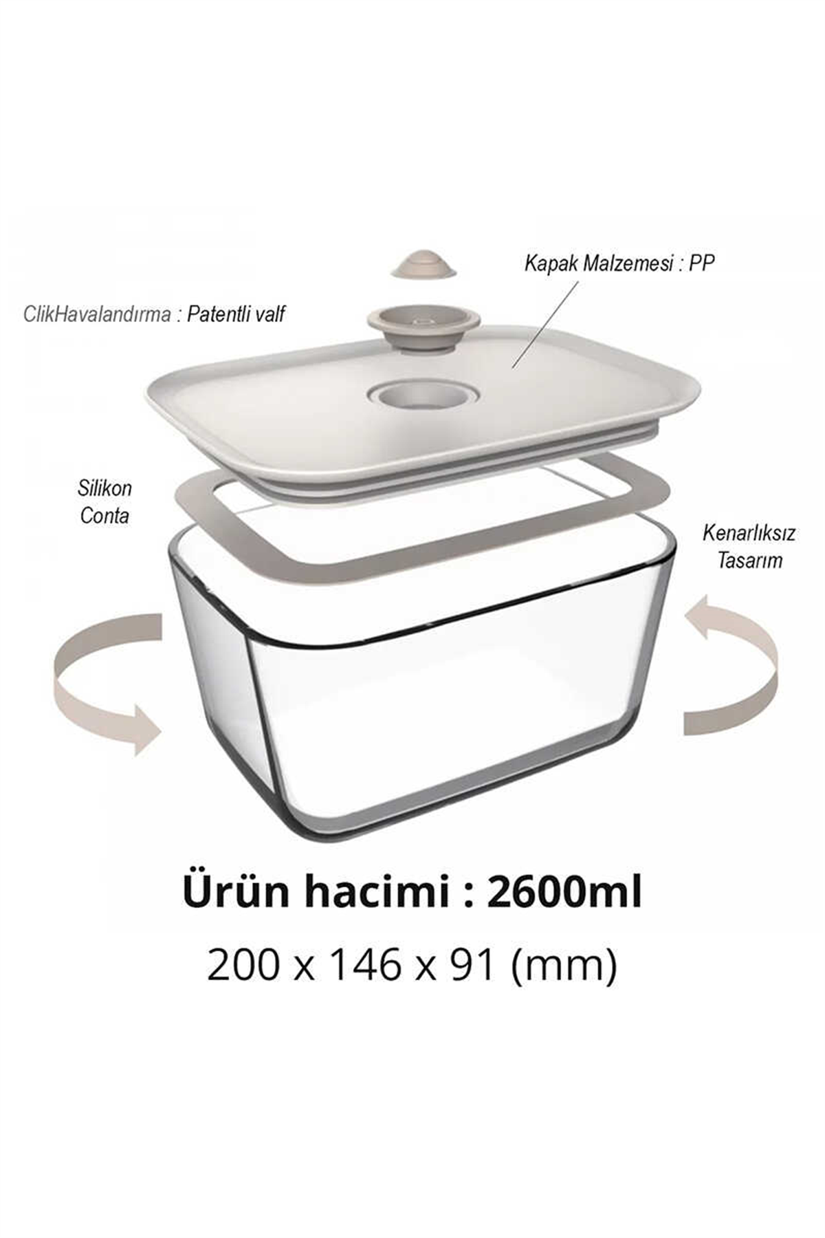 Fika Clik Dikdörtgen Cam Saklama Kabı 2600 ML - Bej