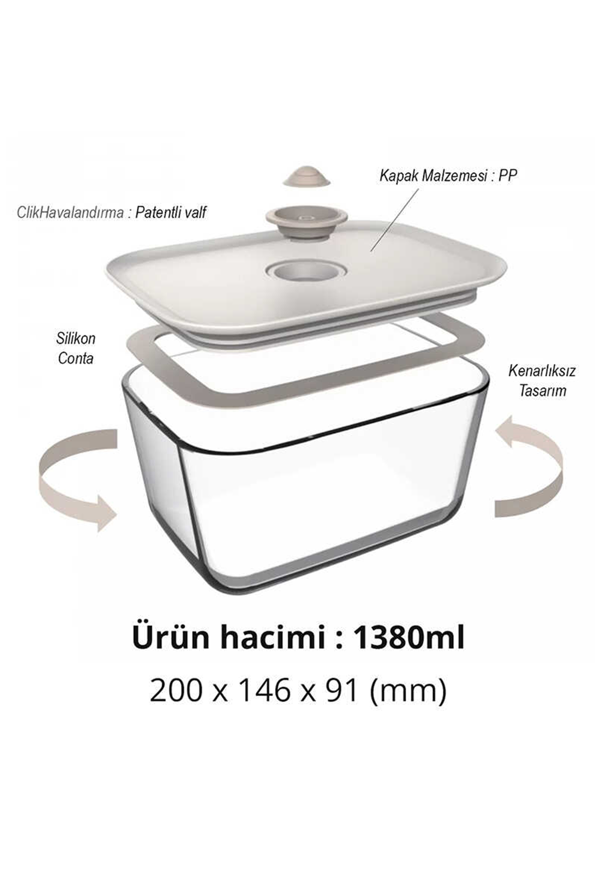Fika Clik Dikdörtgen Cam Saklama Kabı 1380 ML - Bej