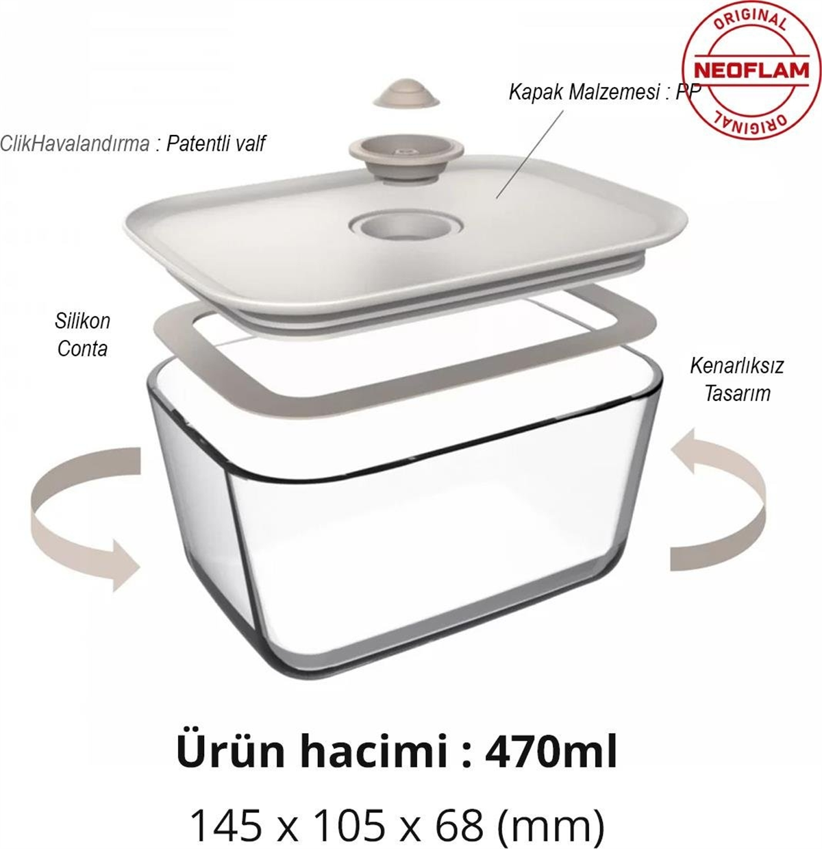 Fika Clik Dikdörtgen Cam Saklama Kabı 470 ML - Bej