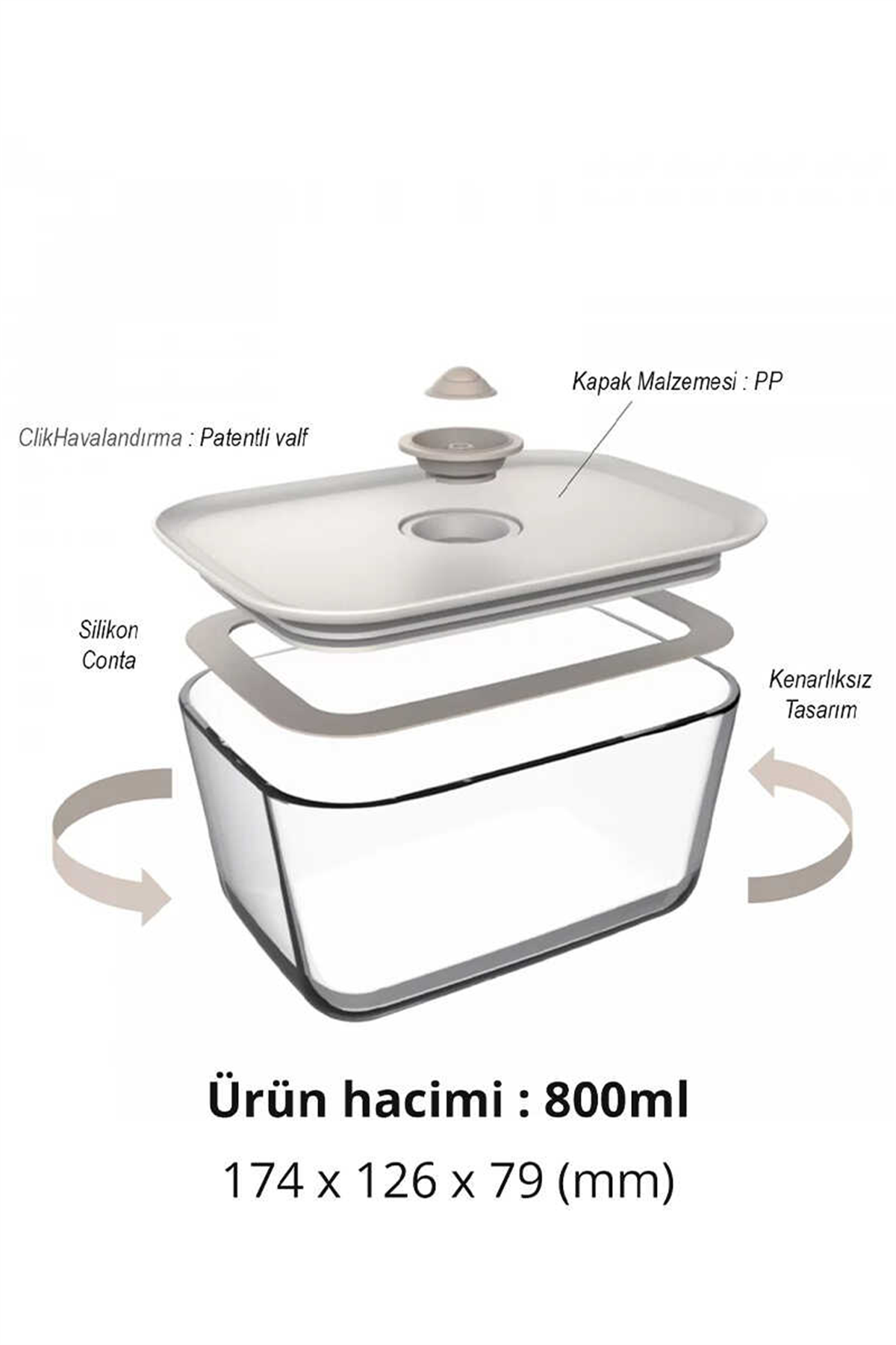 Fika Clik Dikdörtgen Cam Saklama Kabı 800 ML - Bej