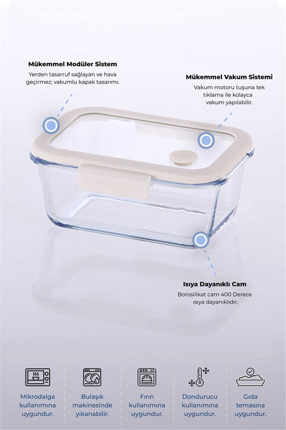 Fika Glace Vakumlu Cam Saklama Kabı 800 ML - Bej