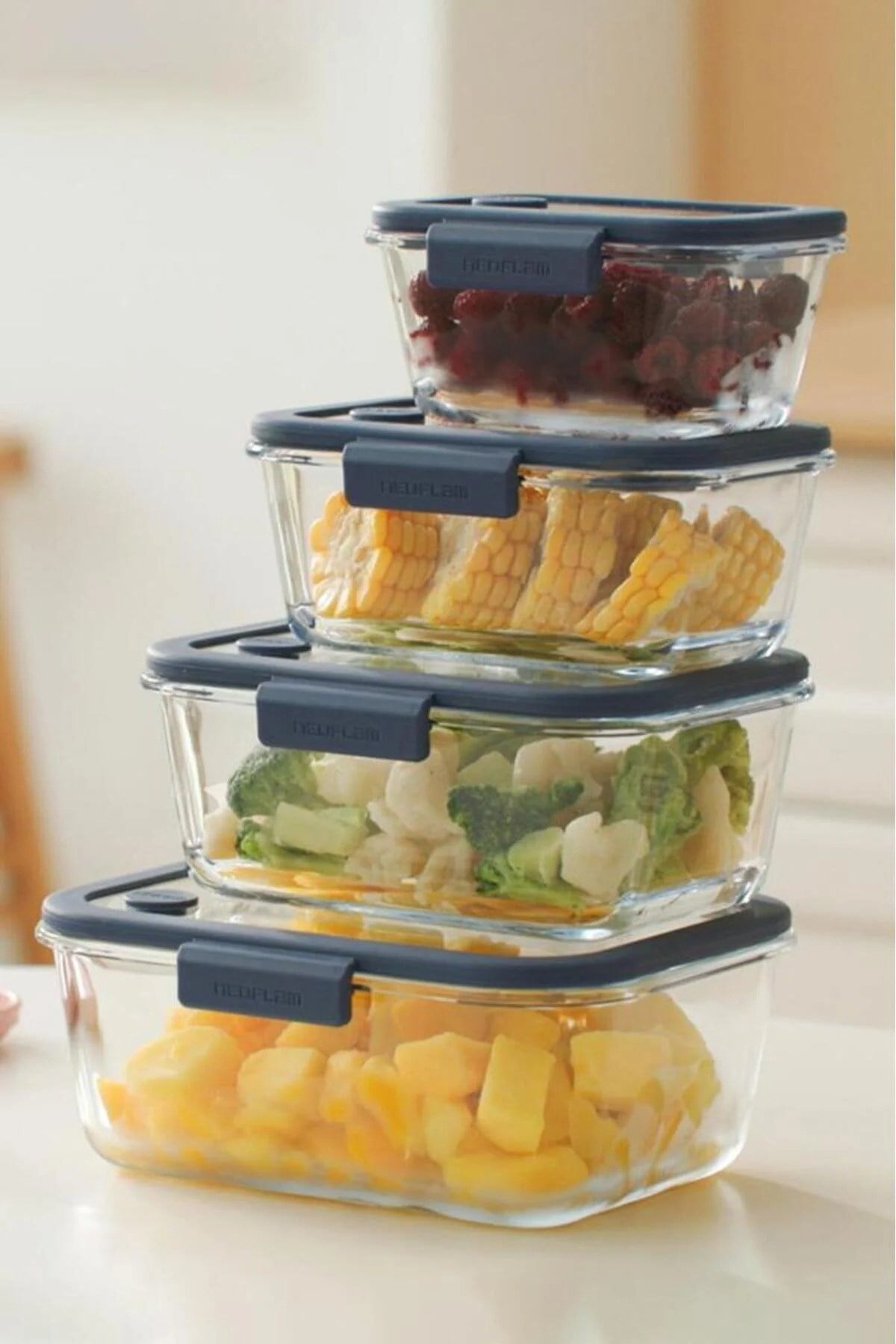Fika Glace Vakumlu Cam Saklama Kabı Seti Mavi 5 Parça