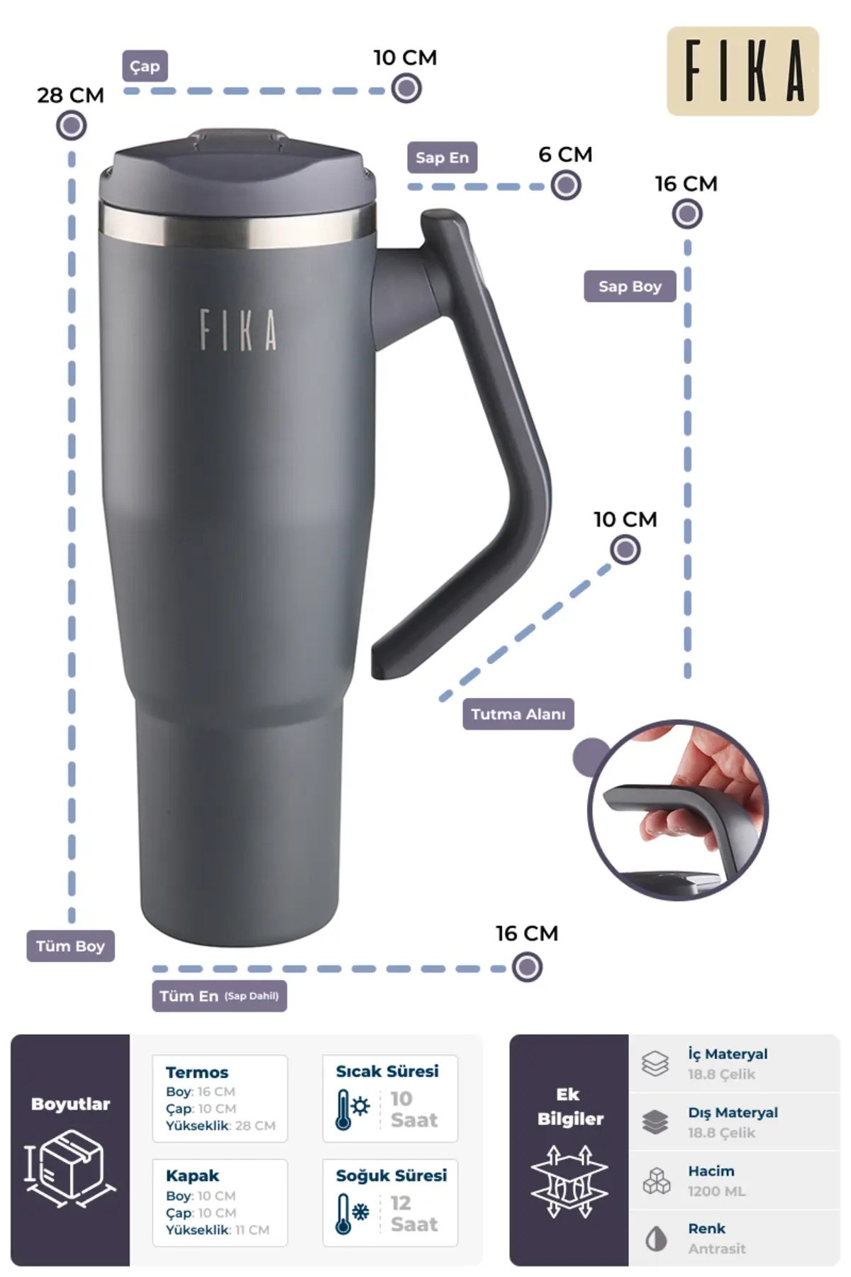 Fika Lumi Döner Kulplu Termos 1200 Ml - Antrasit