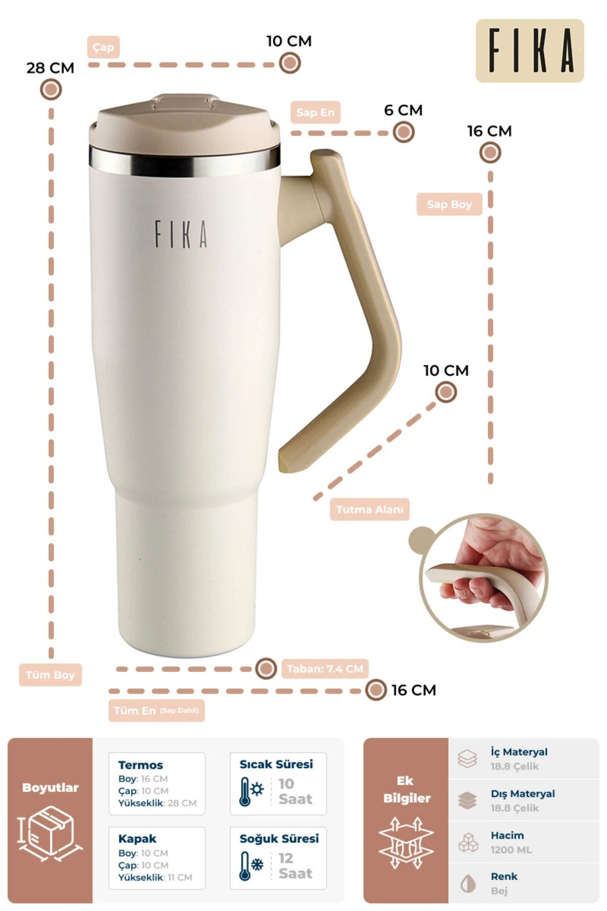 Fika Lumi Döner Kulplu Termos 1200 Ml - Bej