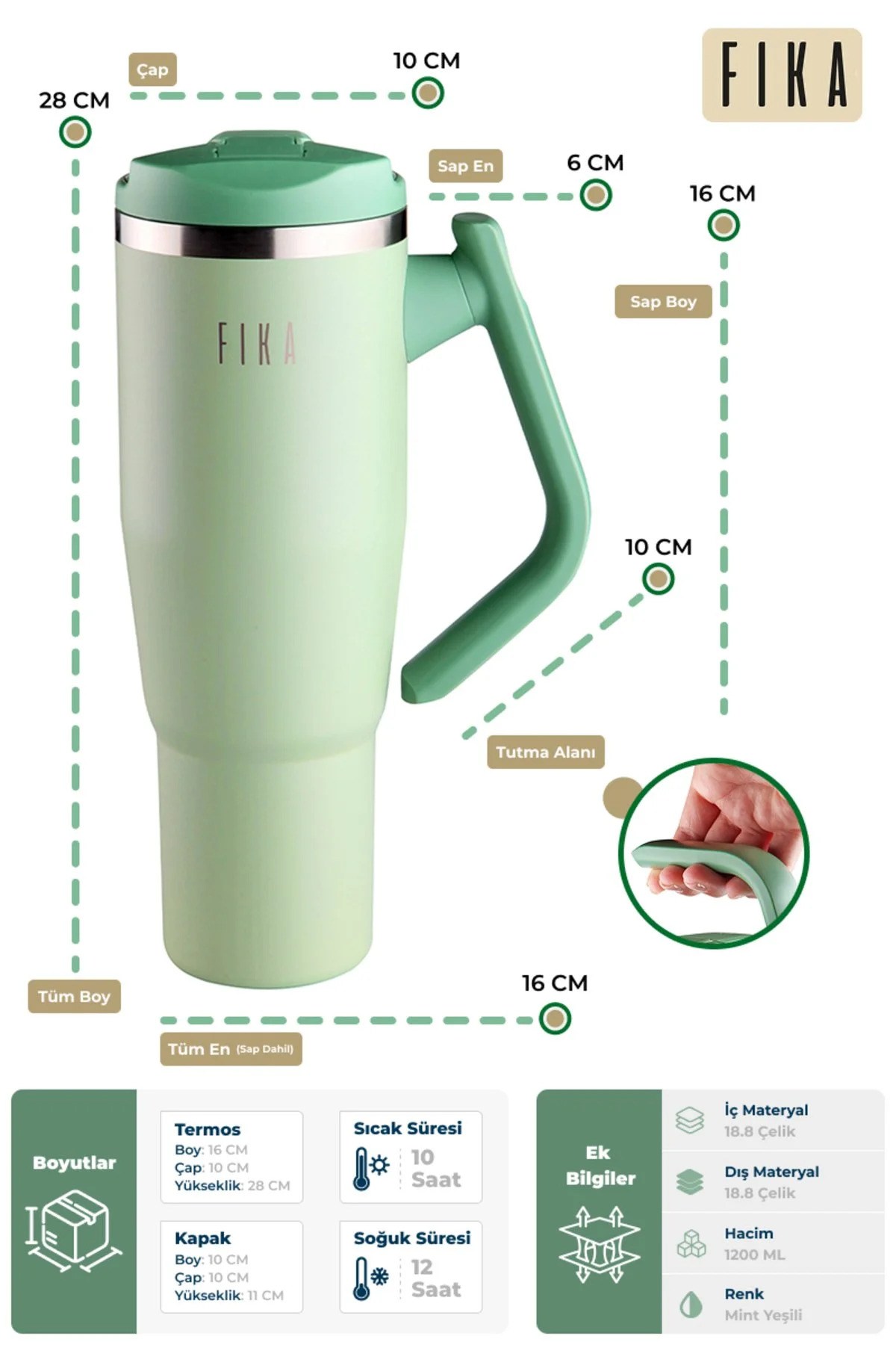 Fika Lumi Döner Kulplu Termos 1200 Ml - Mint Yeşili