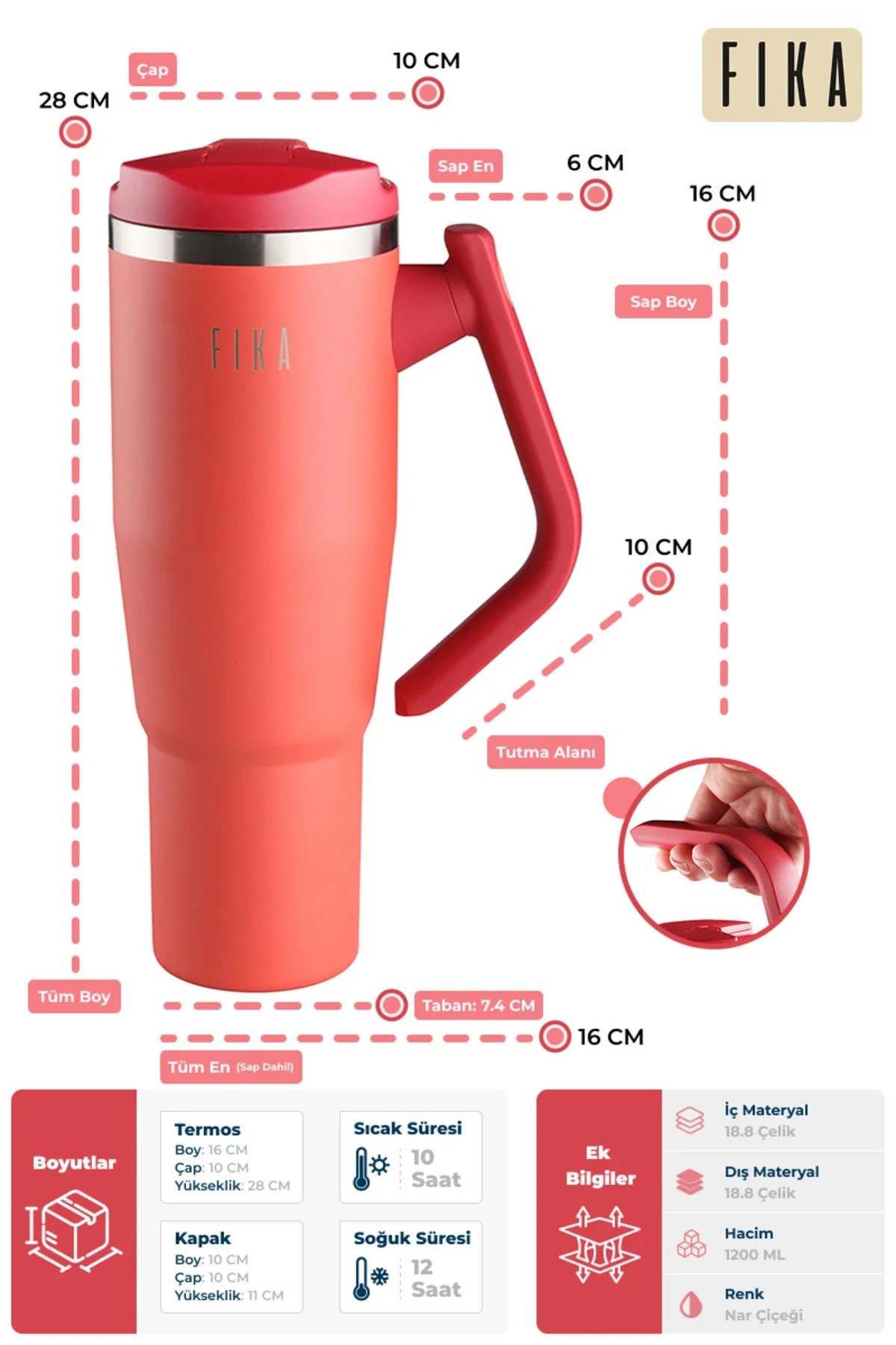 Fika Lumi Döner Kulplu Termos 1200 Ml - Kırmızı