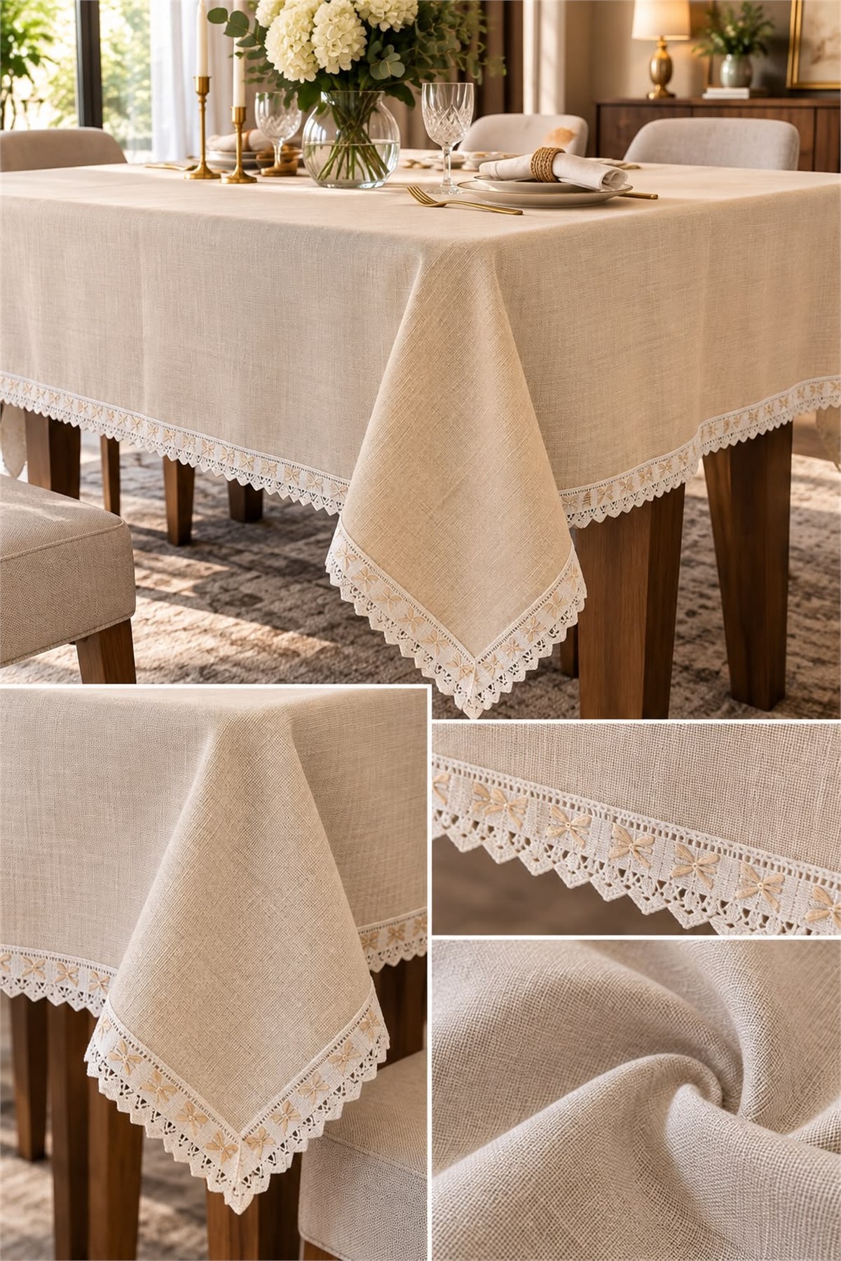 Linen Keten Masa Örtüsü Krem - 160*220