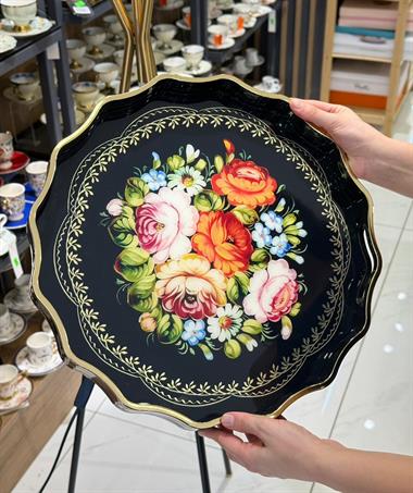 Lüks Akrilik Yuvarlak Tepsi Black Rose 38cm