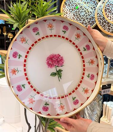 Lüks Akrilik Yuvarlak Tepsi Pink Flowers 40*5