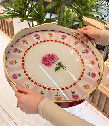 Lüks Akrilik Yuvarlak Tepsi Pink Flowers 40*5