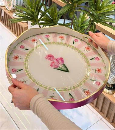 Lüks Akrilik Yuvarlak Tepsi Pink Lalezar  40*5