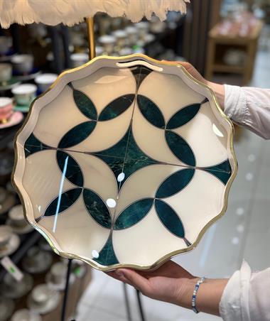 Lüks Akrilik Yuvarlak Tepsi Zümrüt Geometri 38cm