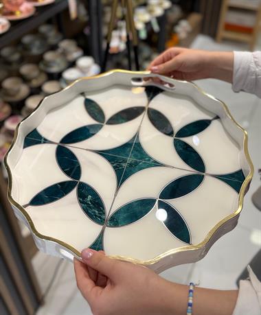 Lüks Akrilik Yuvarlak Tepsi Zümrüt Geometri 38cm