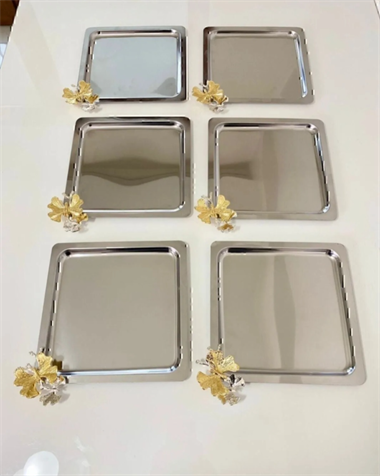 Lüx Kare Kelebek Aksesuarlı Paslanmaz Çelik 6lı Gümüş Kahve, Çay, Dekoratif Sunum Servis Tepsisi