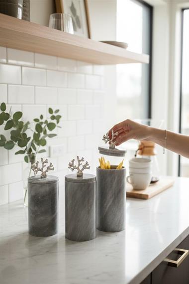 Marblas Gerçek 3lü Baharatlık Seti Gri Gümüş