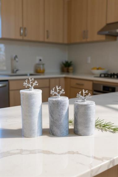 Marblas Gerçek 3lü Baharatlık Seti Gri Gümüş