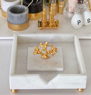 Marblas Gerçek Mermer Lüks Peçetelik Beyaz Gold