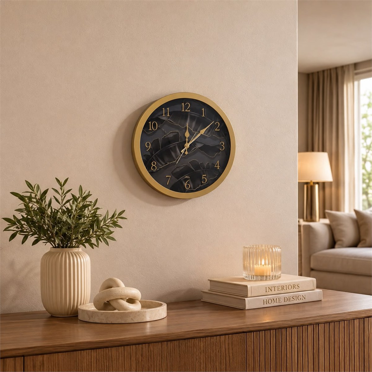 Marble Gold Siyah Mermer Desenli Dekoratif Duvar Saati