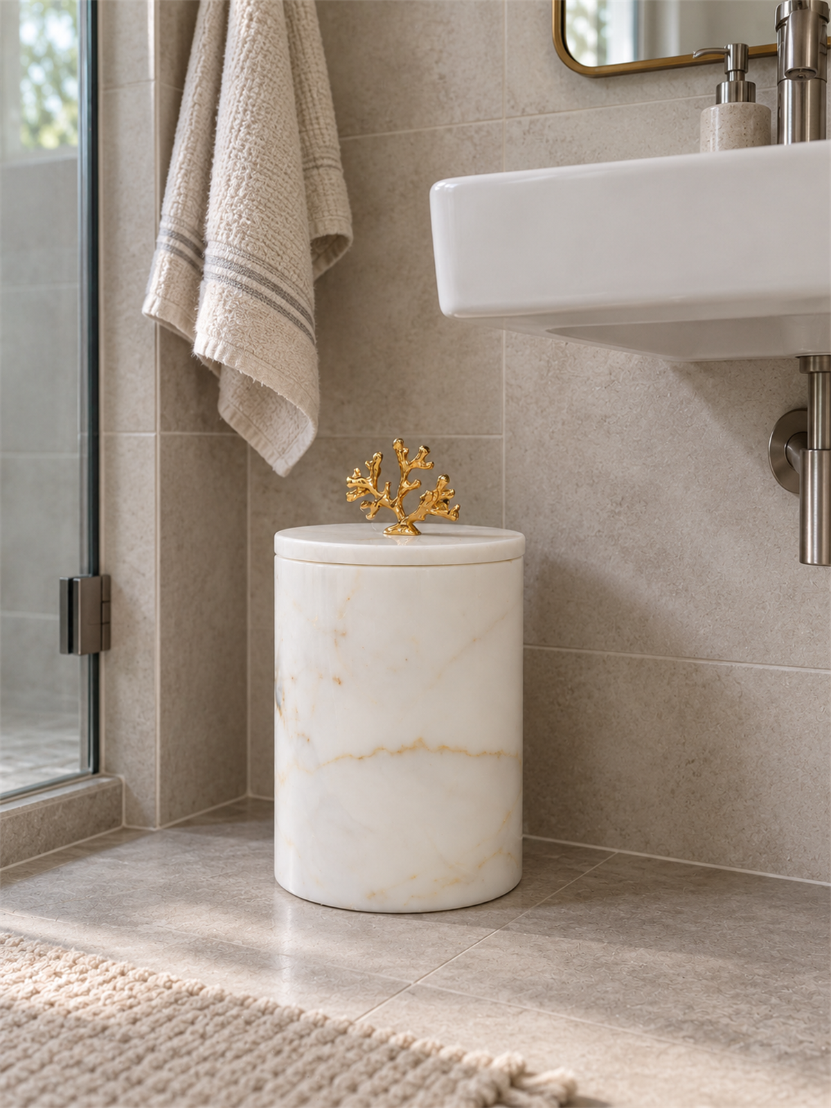 Mercan Dalı Mermer Banyo Çöp Kovası - Gold