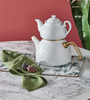 Porselen Demlikli Beyaz Emaye Çaydanlık Takımı