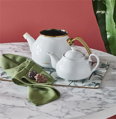 Porselen Demlikli Beyaz Emaye Çaydanlık Takımı