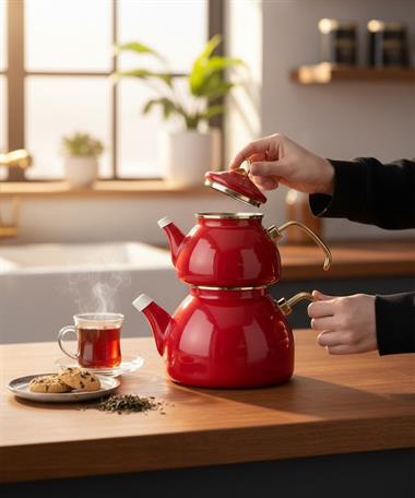 Premium Dembu Emaye Çaydanlık Demlik Seti Kırmızı Gold
