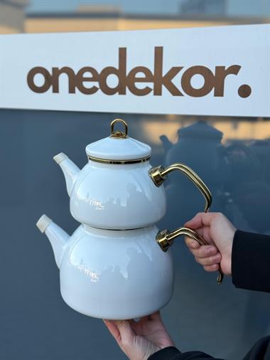 Premium Dembu Emaye Çaydanlık Demlik Seti White Gold 