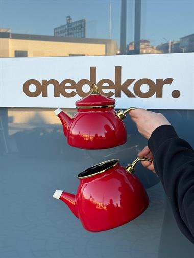 Premium Dembu Emaye Çaydanlık Demlik Seti Kırmızı Gold