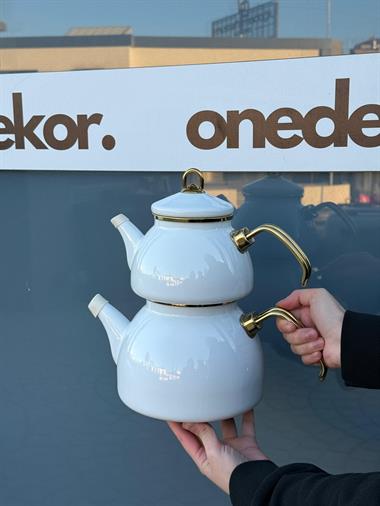 Premium Dembu Emaye Çaydanlık Demlik Seti White Gold 