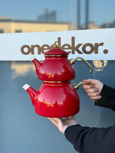 Premium Dembu Emaye Çaydanlık Demlik Seti Kırmızı Gold