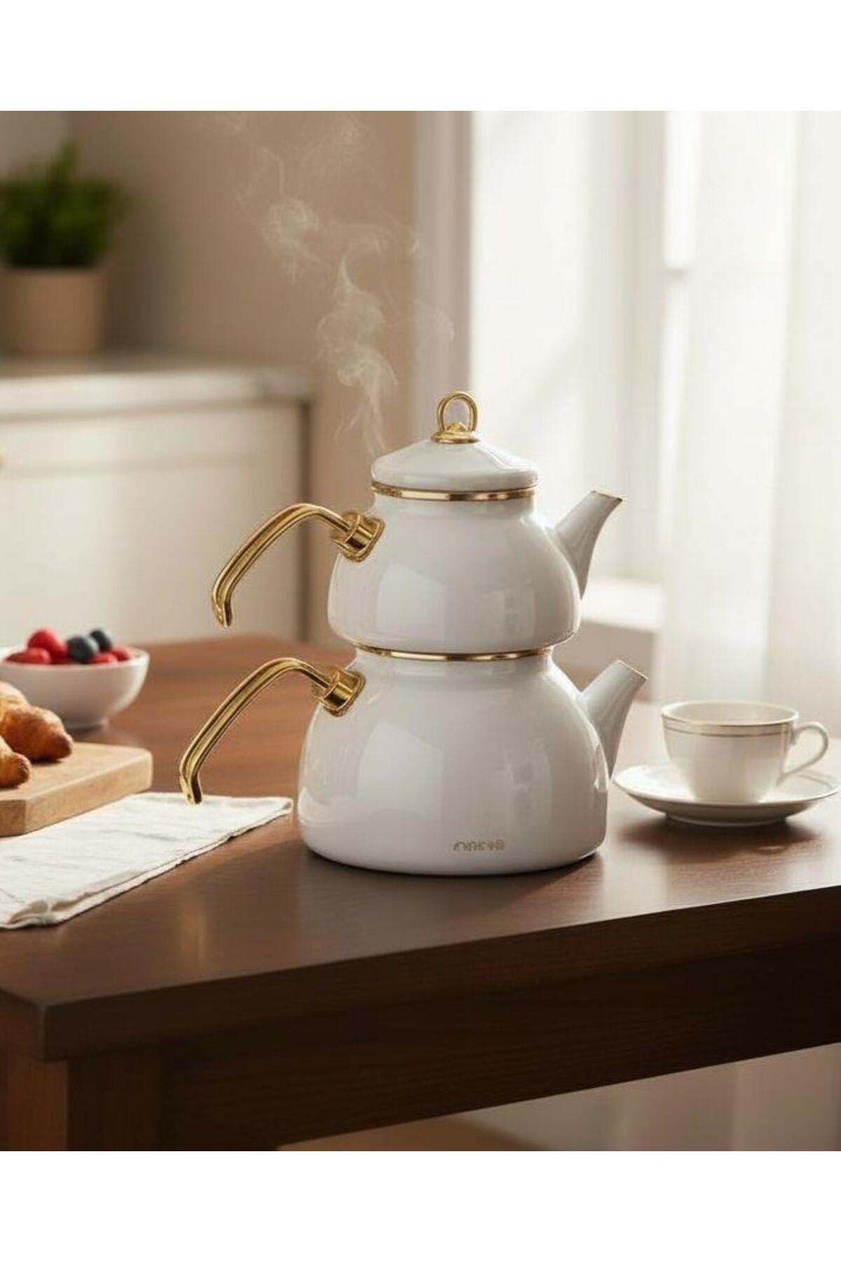 Premium Dembu Emaye Çaydanlık Demlik Seti White Gold