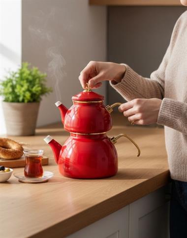 Premium Dembu Emaye Çaydanlık Demlik Seti Kırmızı Gold