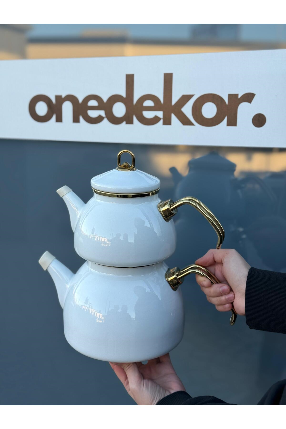 Premium Dembu Emaye Çaydanlık Demlik Seti White Gold