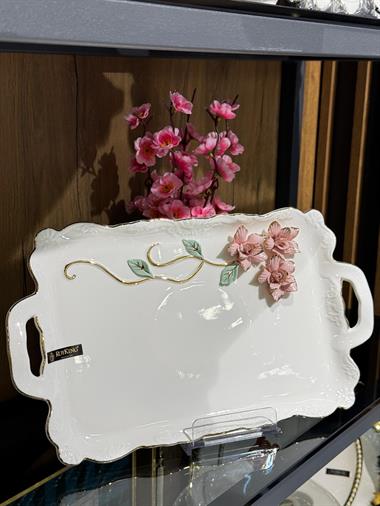 Royking Beyaz Porselen Pink Flower Lüks Sunum Tabağı 