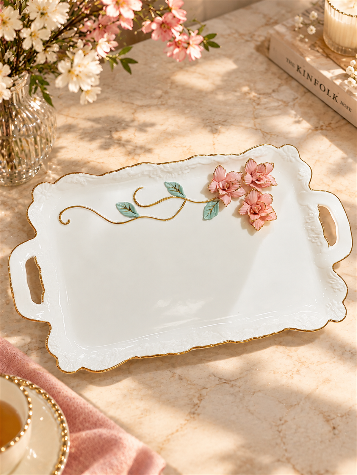 Royking Beyaz Porselen Pink Flower Lüks Sunum Tabağı 