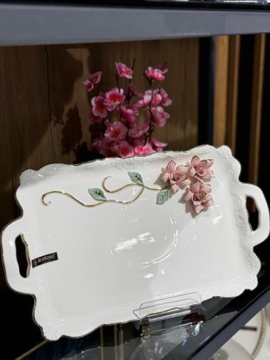 Royking Beyaz Porselen Pink Flower Lüks Sunum Tabağı 