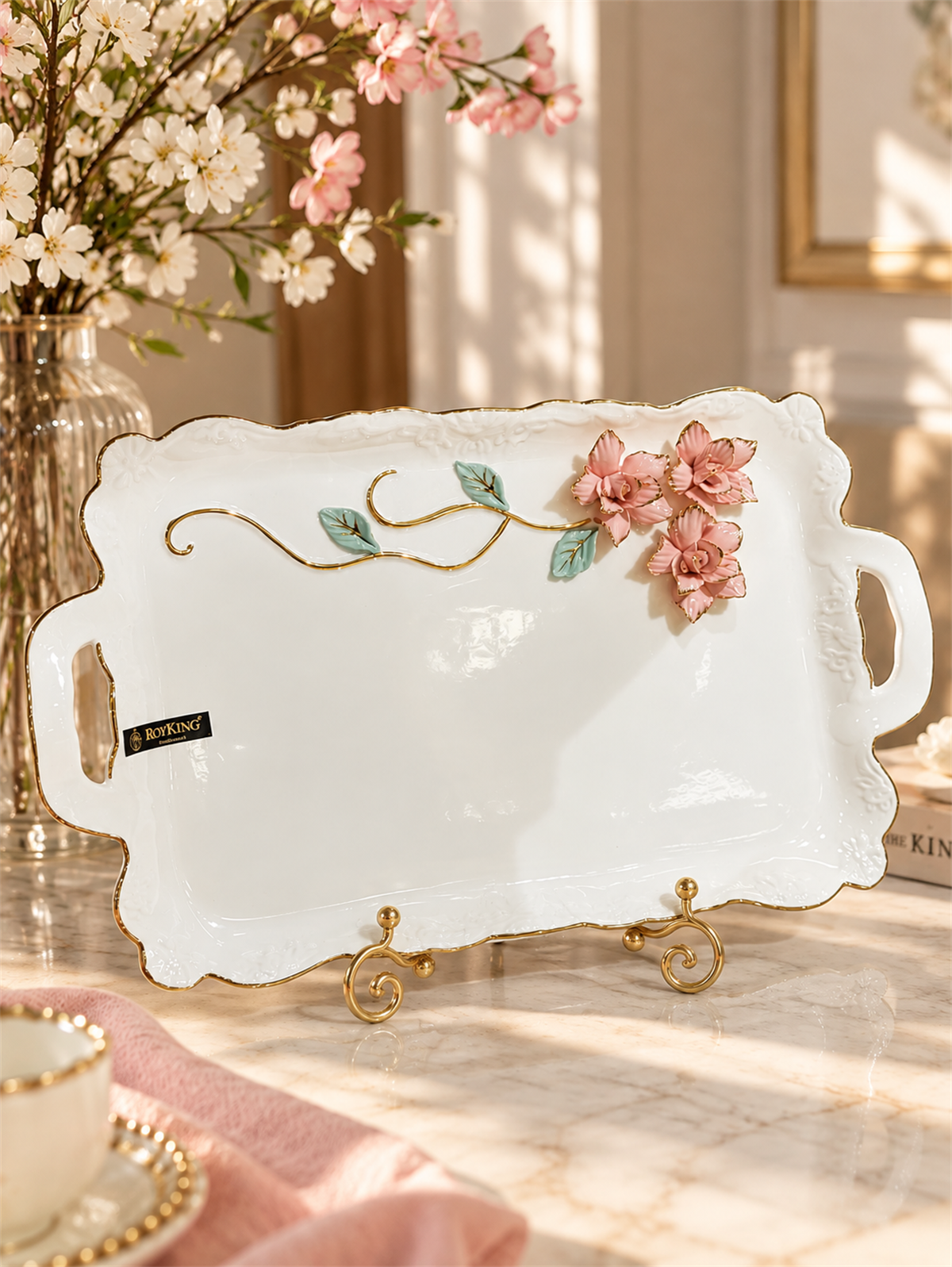 Royking Beyaz Porselen Pink Flower Lüks Sunum Tabağı 