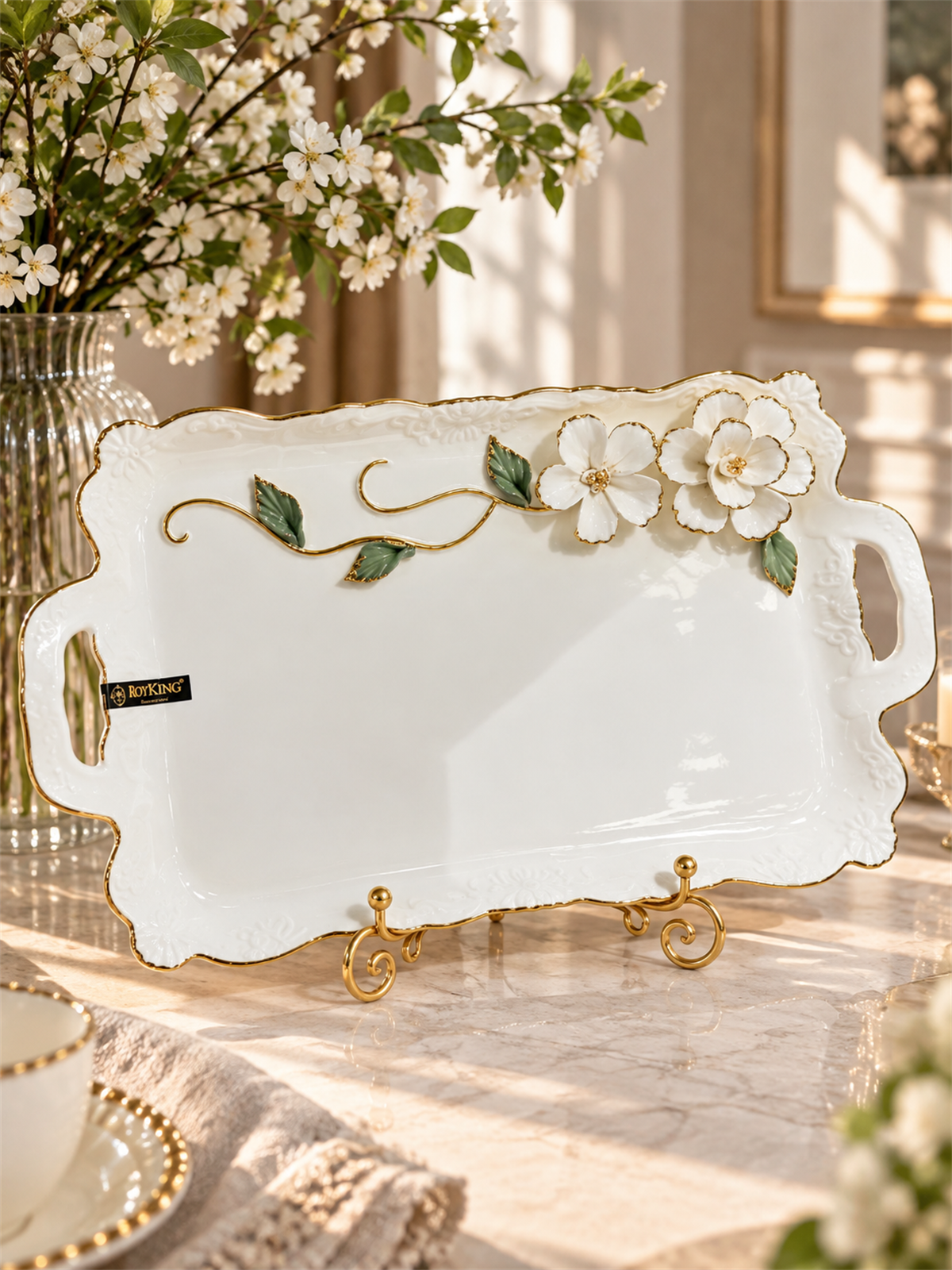 Royking Beyaz Porselen White Flower Lüks Sunum Tabağı 